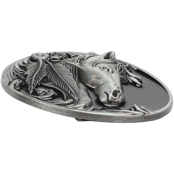 Men's Silver Norse Viking Horse Engraved Feather Leaf Head Oval Belt Buckle - Picture 3 of 4